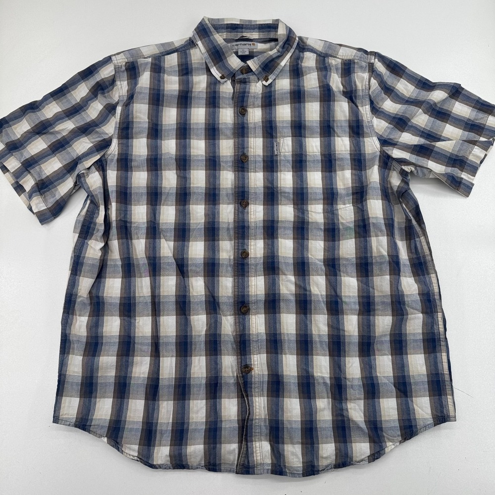 Carhartt Relaxed Fit Shirt MENS Blue Plaid Button Close Short Sleeve Pocket XL